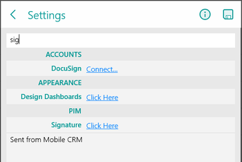 Setup/settings screen in Resco mobile apps