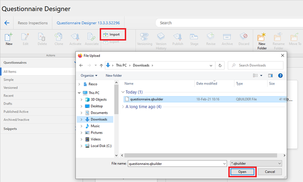 Resco Inspections: import questionnaire step 2