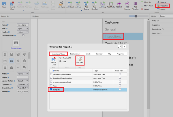 Add questionnaire to form via related tab formatted as a button 3:select templates from the associated views