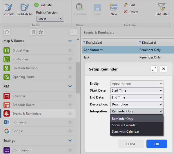 Events and reminders setup